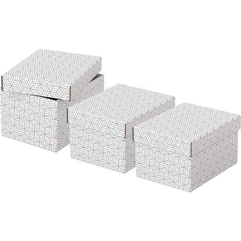 Esselte Set di 3 Contenitori Piccoli con Coperchio in Cartone Riciclato e Riciclabile al 100%, Ottimali per lo Stoccaggio o come Confezione Regalo, Design Geometrico, 200 mm x 150 mm x 255 mm, Bianco (1/5)