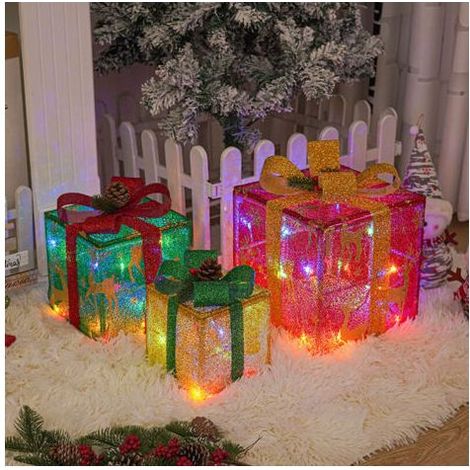 Coffrets cadeaux de Noël illuminés, lot de 3, décoration de Noël pour l'extérieur et l'intérieur, boîte cadeau éclairée par LED, décoration de Noël pour sapin de Noël B (1/5)