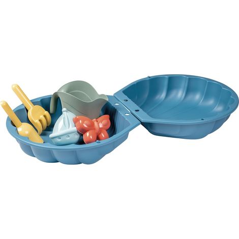 Smoby Life - Mini Cassa di Sabbia Doppia Rifornita - Forma Conchiglia - Paletta, Rastrello, Stampo per Sabbia, Annaffiatoio - Materiale Riciclato - 18 mesi