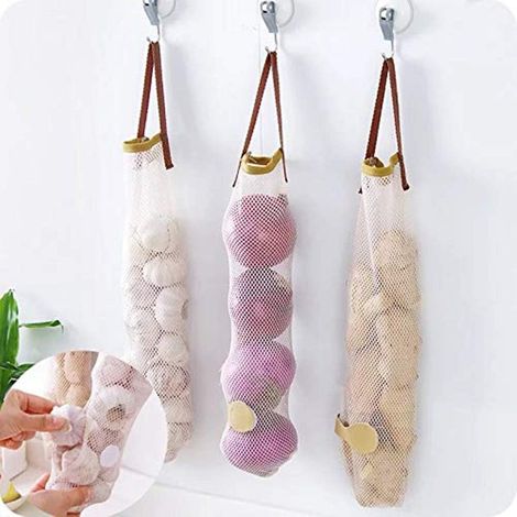 Sac De Rangement En Maille - Pour Ail Oignons Pommes De Terre Fruits Légumes - Respirant Accrochable Antimicrobien - 3 Pièces Beige