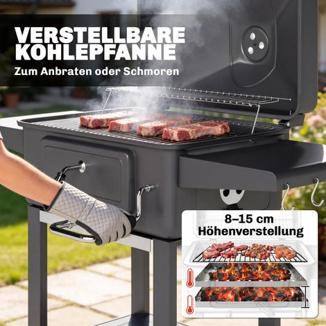 Barbecue charbon de bois fumoir avec couvercle thermomètre grille réglable en hauteur bac à charbon grille de cuisson table latérale tiroir à cendres (1/5)