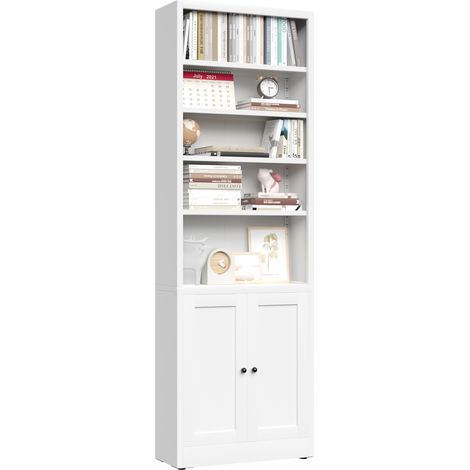 Bibliothèque métallique à 5 étagères et porte, style industriel blanc, étagères réglables, dimensions H 180 × L 60 × P 23,6 cm, idéale pour le salon, le bureau ou une bibliothèque, mobilier moderne. (1/4)