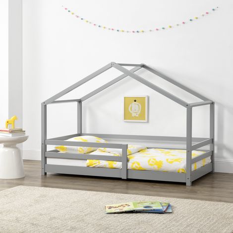Cama infantil Knätten en forma de casa pino con reja 90x200cm Gris lacado [en.casa]
