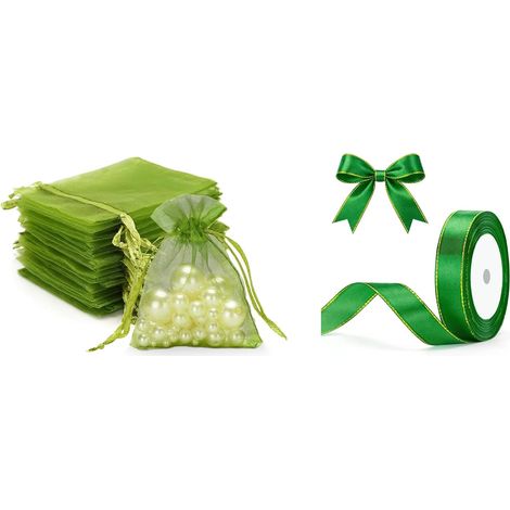 50PCS Vert Sauge Sacs Organza et Ruban Satin Vert avec Bord Doré (1/5)