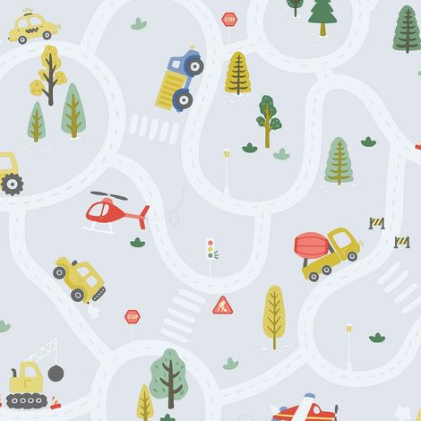 Kids Wallpaper Light Blue Roundabout Road Cars Trucks Nursery Bedroom Decor (1/4)