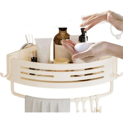 Étagère de douche avec barre et 6 crochets, support de douche d'angle à ventouses, sans perçage, étagère de salle de bain en aluminium (blanche) (1/5)