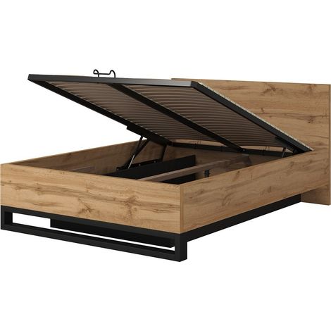 Letto contenitore 160x200 stile industriale - Collezione MILOS. Colori rovere grezzo e nero.