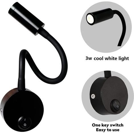 Schwarze 3-W-Wandleselampe, flexible verstellbare Halswandlampe, Aluminium-Schreibtischlampe, Nachttischlampe mit Schalter, LED-Augenpflege (1/5)