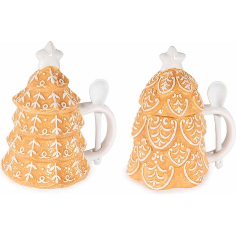 Tazze a forma di albero di Natale pan di zenzero con coperchio con stella decorativa e cucchiaino incluso nel manico, set da 2 pezzi, Ø 11 cm x 9 H
