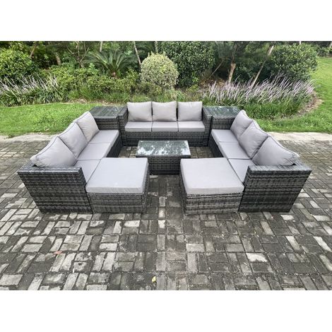Fimous Ensemble de meubles de jardin en rotin avec Table basse 2 Tables d'appoint 2 grand tabouret 11places Mélange gris foncé (1/5)