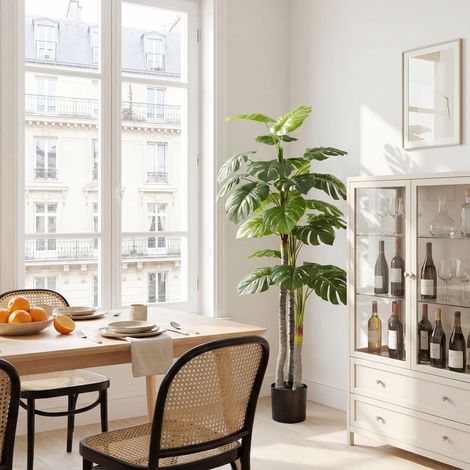 Outsunny Arbre Artificiel Monstera, Hauteur 1,5 m, Tronc+Branches+Lichen+Feuilles de Tortue, Rendu Réaliste, Pot Inclus, Décoration Intérieur/Extérieur