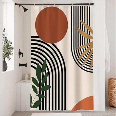 Abstrakter Duschvorhang, Duschvorhang Terrakotta, geometrische schwarze Linien, moderner minimalistischer Badvorhang, schimmelresistent, wasserdicht, waschbar, Polyestergewebe, Badvorhang, 120 x 180 c