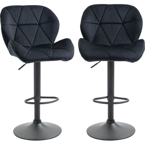 Lot 2 tabourets de bar pivotants, réglables en hauteur, dossier rembourré, velours noir, sans accoudoirs, mousse, 51,5x57,5x93-114,5 cm (1/5)