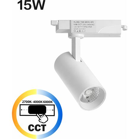 Foco LED pour Rail Monophasé 15W CCT 2700K-4000K-6000K Orientable Blanc