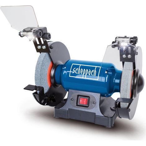 Scheppach Touret Mixte SM200L - Puissance 500W - Pare-étincelles réglable - Porte-outils réglables - Meules en grain 36 et 60 de Ø200mm - LED - Bâti en fonte grise - Travaux multiples