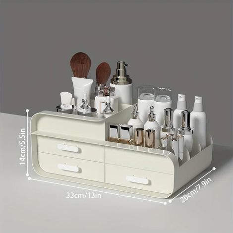 Boîte de rangement cosmétique (Beige L) à tiroir, décoration de dortoir, étagère en plastique grande capacité (1/4)