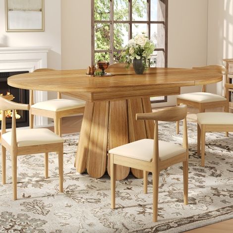 Table de salle à manger extensible, table bois, table ronde transformable en ovale, table marron