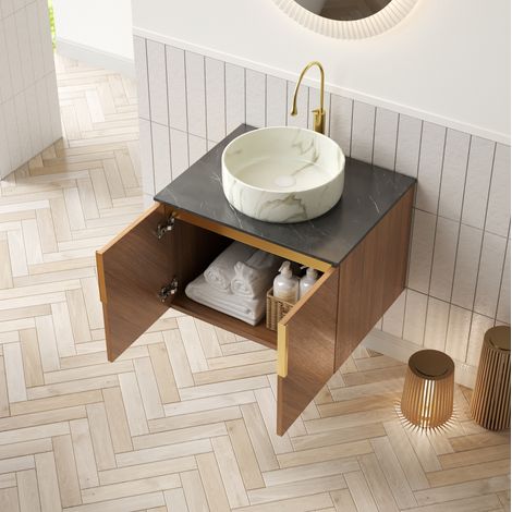 Wandwaschtisch 61x50x53.1 cm, mit Keramikbecken, Soft Close, Schrank aus Sperrholz, Schwarz, Braun Eiche, Stein Weiß (1/5)