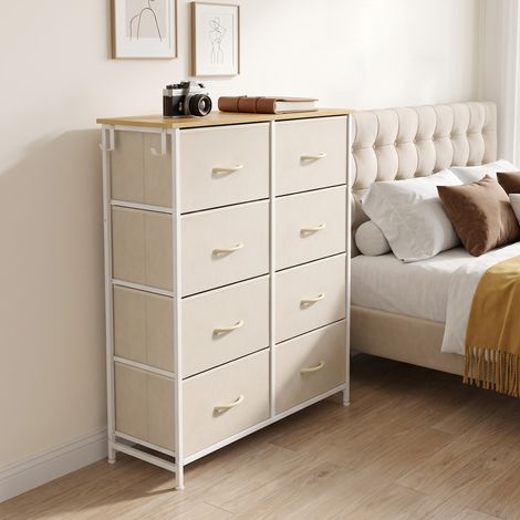 Commode en tissu beige avec 8 tiroirs, 4 poches latérales, 2 crochets et structure en acier (1/5)
