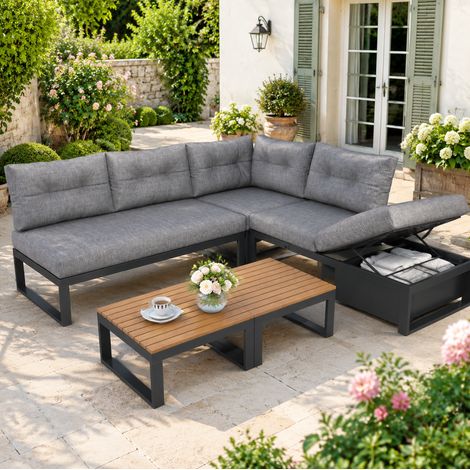 Salon de jardin d'angle avec coffre, dossier réglable 3 positions, gris DESVIAE (1/5)