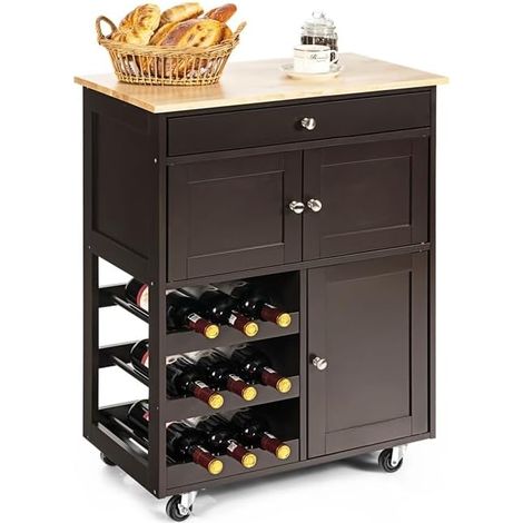 GOPLUS Desserte à roulettes avec Grand Espace de Rangement, Plan de Travail, Ilot Central Cuisine en Bois avec Casiers à Vin 3 Niveaux pour 9 Bouteilles, Tiroir et 2 Placards, 67 x 37 x 86 CM (Brun)