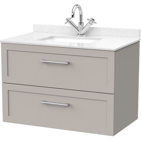 Stonnall Traditional Wall Hung 2 Drawers Vanity Unit with Marble Top with Basin, 800mm, Pebble Grey