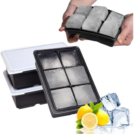 XXL Eiswürfelform 3 Stück, 18 Fächer Silikon mit Deckel, große Eiswürfel 4,8cm, stapelbar, BPA-frei (1/5)