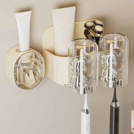 Simpatico portaspazzolino a forma di orsetto con dispenser automatico di dentifricio. Portaspazzolino da parete con 2 bicchieri. (1/3)