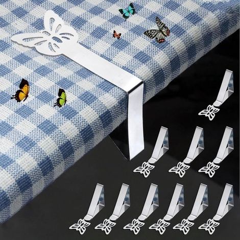 Fermagli per tovaglie in acciaio inox, confezione da 10. Ideali per tavoli spessi, tavoli da giardino, tavoli da ristorante, tavoli per famiglie e per uso esterno. Design a farfalla. (1/5)