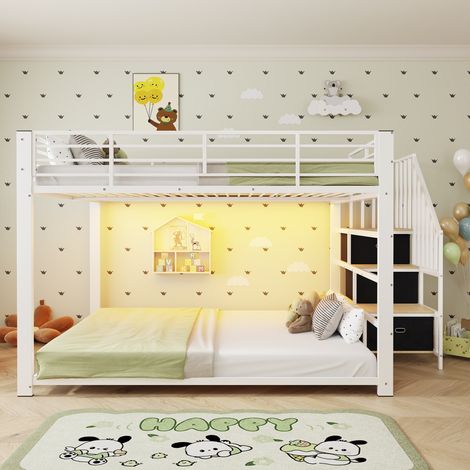 Lit superposé adulte 140x200 cm en métal avec escalier rangement, LED, prises USB, barrière de sécurité, échelle réversible gauche/droite - Blanc (1/5)