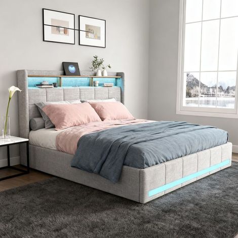 Bettgestell 140x200 cm beige Leinen mit RGB-LED, USB/Type-C-Anschlüssen und 4 Schubladen – Lattenrost inklusive