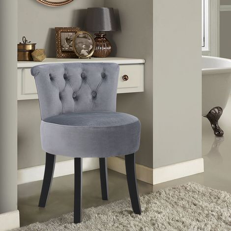 Velvet Buttoned Wing Back Vanity Stool Black Wooden Legs, Grey
