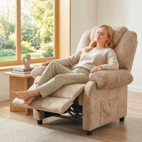Fauteuil Relax Réglable Manuel en Tissu Beige avec Repose-Pieds Escamotable et Poche Latérale (1/5)