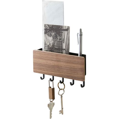 Mensola magnetica da parete con ganci portachiavi e cassetto portaoggetti - acciaio + legno (1/4)