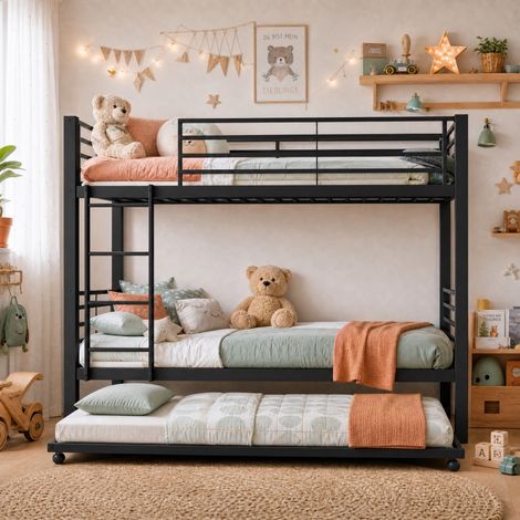 Lit superposé enfant 90x200 cm - lit gigogne - 3 couchages - barrières de sécurité - échelle - métal - certifié EN 747 - noir (1/5)