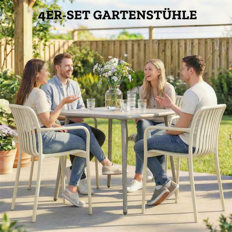 Lot de 4 chaises de jardin empilables, blanc crème, à lattes, avec accoudoirs, design ergonomique pour terrasse (1/5)