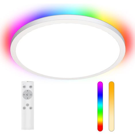 Plafonnier LED Dimmable RGB, 18W 1600LM Luminaire Salle de Bain 2700K-6500K Blanc Chaud Naturel Lumière Blanc Froid,pour Salon,Chambre,Cuisine,Balcon,Couloir,295×25mm (1/5)