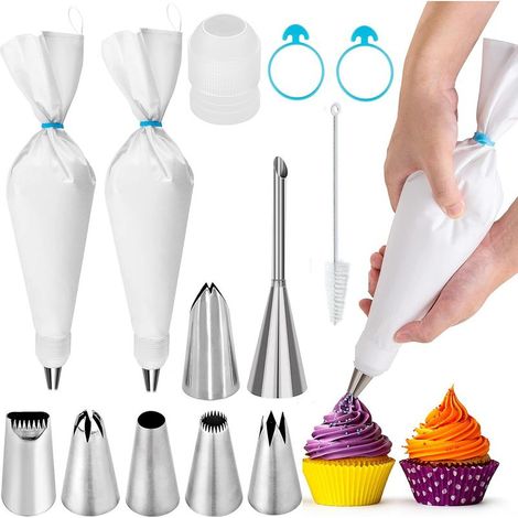 – Juego de 2 mangas pasteleras de algodón de 40 cm – 7 boquillas de acero inoxidable – Reutilizables y lavables – Calidad profesional para repostería (1/4)