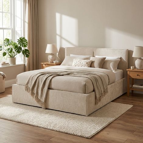 Lit coffre double tissu chenille beige sommier relevable 180x200 cm OLIVIA (1/5)