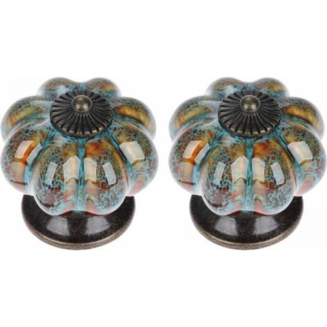 Door Handle Set (Blue) 2 Pieces Drawer Handles Cabinet Handles Ceramic Handles Retro Elegant Pumpkin Shape Handles YMYNY (1/3)