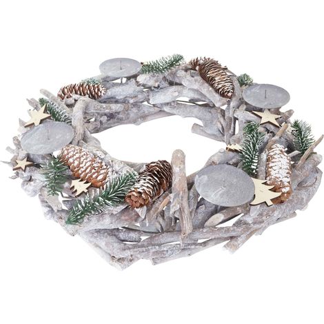 Tischkranz XXL rund, Weihnachtsdeko Adventskranz, Holz Ø 48cm weiß-grau ohne Kerzen