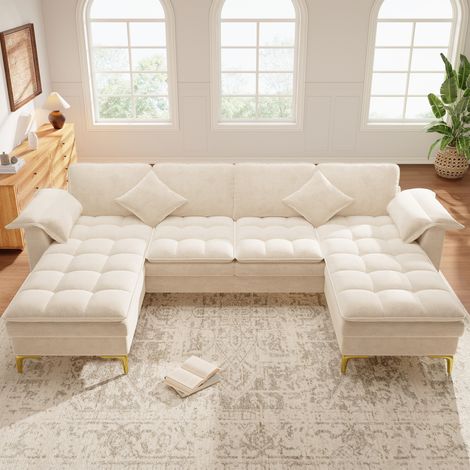Canapé d'angle modulable 4-5 places 262x134cm - double méridienne pieds dorés - tissu chenille - beige (1/5)
