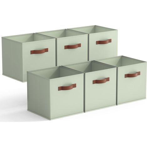 Caisses de Rangement 27x27 cm, Lot de 6 Cubes de Rangement Pliables en Tissu avec Poignées, Paniers et Boîtes de Rangement pour Étagère, Cube Rangement Pliable, Vert sauge (1/5)