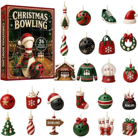 Adventskalender 2026 Bowling – 24-teilig – weiß/schwarz – Acryl – 6 cm groß – 2D-Bowling-Anhänger – Christbaumschmuck – Weihnachtsüberraschung – geeignet für Zuhause und Weihnachtsfeiern (1/5)