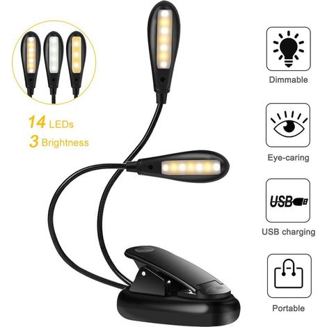 Lampe de lecture LED avec 14 LED rechargeables par USB et lampe de lecture Eyecare, lampe de lecture à clip flexible Dimmable Double tête Lampe de livre à clip flexible pour lecture de nuit, bureau, l (1/5)
