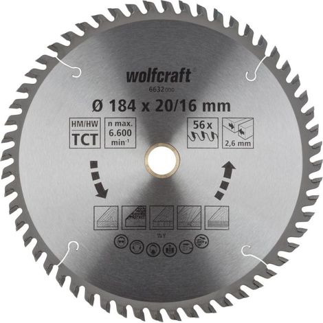 Wolfcraft Kreissägeblatt 184 x 20/16 mm 56 Zähne Hartmetall Kreissägeblatt