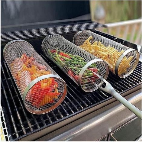 (30 cm) Rollgrill, 3er-Pack, Grillkorb aus Edelstahl, zylindrische Form, 3 Stück, 30 cm (1/4)