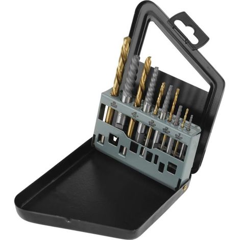 Lot de 10 Jeu de forets pour gaucher, extracteurs de vis avec forets en cobalt, tourne a gauche extracteur métal, HSS Alliages cobalt outil d'extraction avec étui de rangement en fer pour Endommagées (1/5)