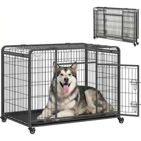 Cage pliable en métal pour chien double porte verrouillable et roulettes à frein, box intérieur 125x76x81 cm gris (1/5)