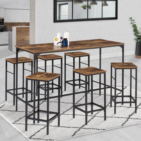 Conjunto de mesa alta de bar DAYTON de 150 cm y 6 taburetes con respaldo de aspecto envejecido y diseño industrial